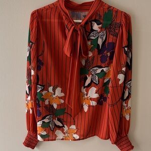 Floral multi color blouse with Bow Tie & Smocked Cuff